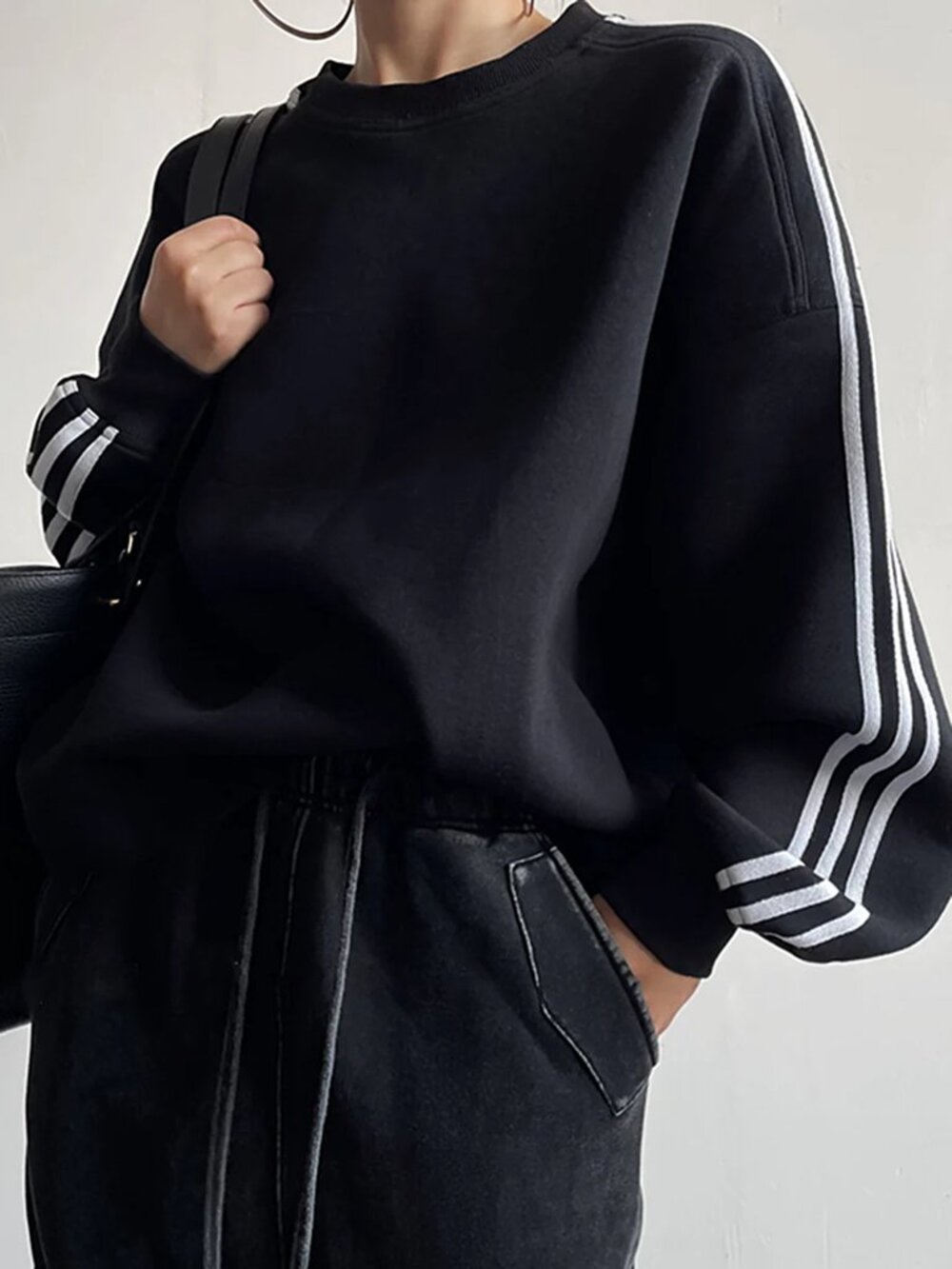 Commense Black Crewneck Sweater with White Shoulder Stripes